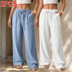 Women's Basic Loose Pants, 2-Pack Solid Straight Leg Woven Polyester Bottoms with Drawstring and Pockets for Outdoor Wear