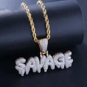 Iced Out Letter Savage Pendant Shiny Bing Cubic Zirconia Hip Hop Necklace Men\\\'s Cool Rock Rap    Jewelry