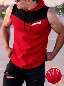 Men’s color-block spliced sleeveless hoodie vest with a breathable, structured fabric and a printed design—casual, cool, comfortable, versatile summer staple Vests