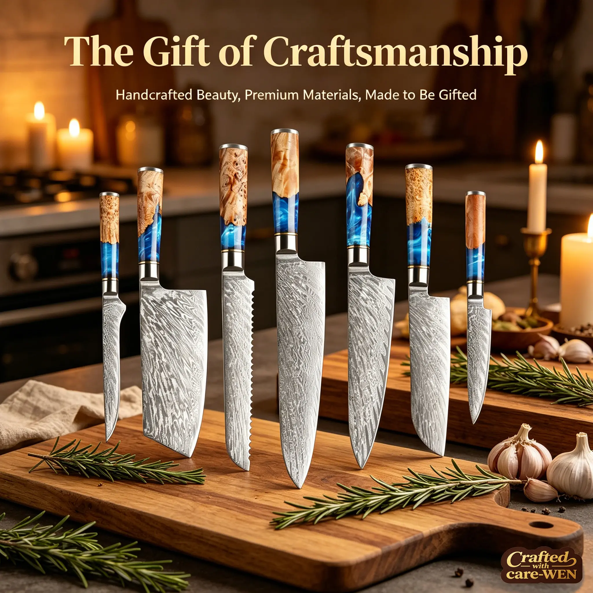 7-Piece Damascus-Style Japanese Kitchen Knife Set - High-Quality Thick Stainless Steel Blades, Natural Solid Wood-Resin Handles, for Home Cooking, Ideal Holiday Gifts, Seven