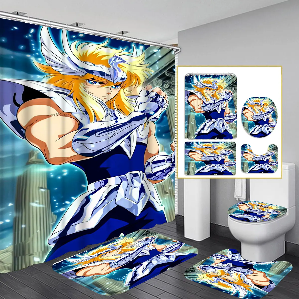 Saint Seiya Pattern Colorful Shower Curtain Set For Bathroom, Modern Home Bathroom Art Decor, Bathroom Decorations, Shower Essentials, Includes 12 Hooks, Non-Slip Toilet Mat & U-Shaped Seat Cover