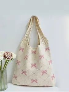 Summer Women's Fashion Bow Pattern Crochet Shoulder Bag, Beach Vacation Handbag, High-Quality Casual Commuter Bag for Fall