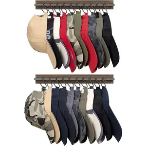 Hat Rack for Wall Wooden Baseball Caps Organizer with 20 Hooks Rustic Cowboy Hanger Mounted Hats Display Closet Bedroom Entryway, Set of 2, Brown