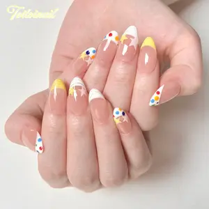 Cream Dots Handmade Press-On Nails | Short Almond Shape, 10pcs | Nude Base Colorful French Star Polka Dot | Y2K Dopamine Aesthetic | For Daily, Date, Picnic | High Gloss | Reusable DIY Nail Art