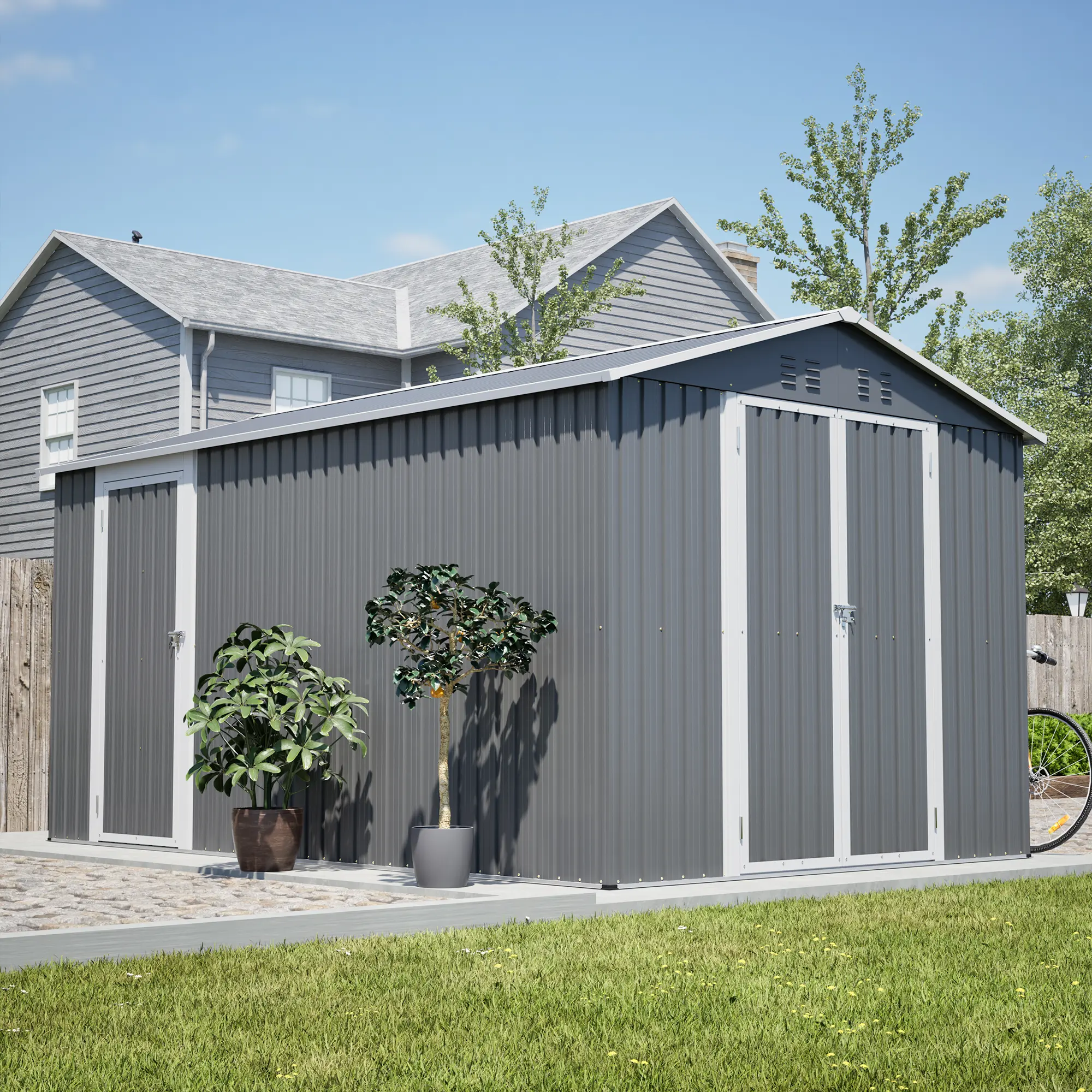 Large 8x12 FT Metal Storage Shed with Side Door, Lockable Double Doors, Aluminum Frame, Weather-Resistant, Ventilated, Gray, for Backyard Garden Patio