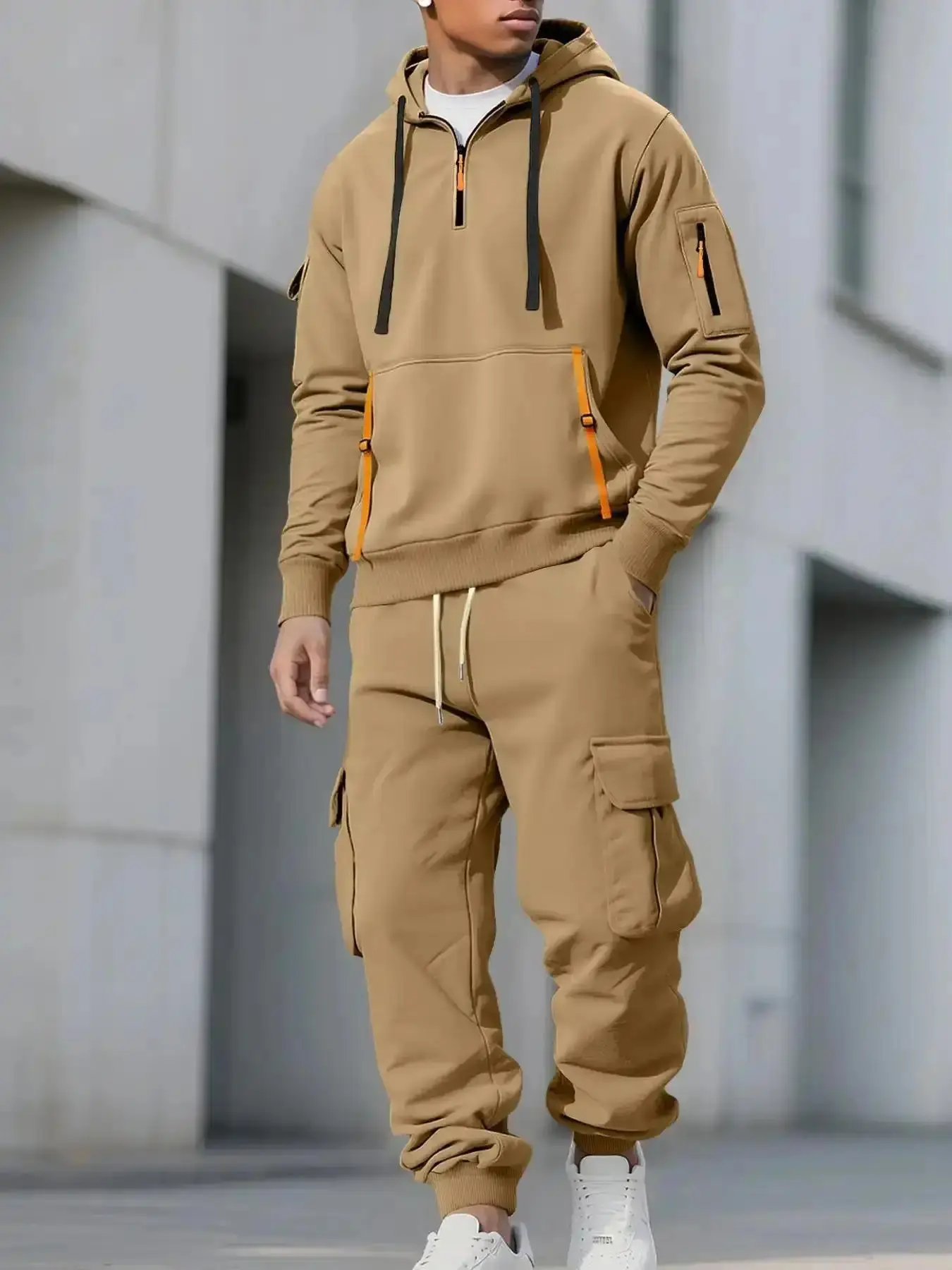 Men's Winter Tech Fleece Hoodie Sweatpants Set Multi-Pocket Zipper Drawstring Comfortable Casual Wear Unisex Fashion Warm Clothing Soft, Streetwear Basic Classic Design Everyday Essential Versatile Style