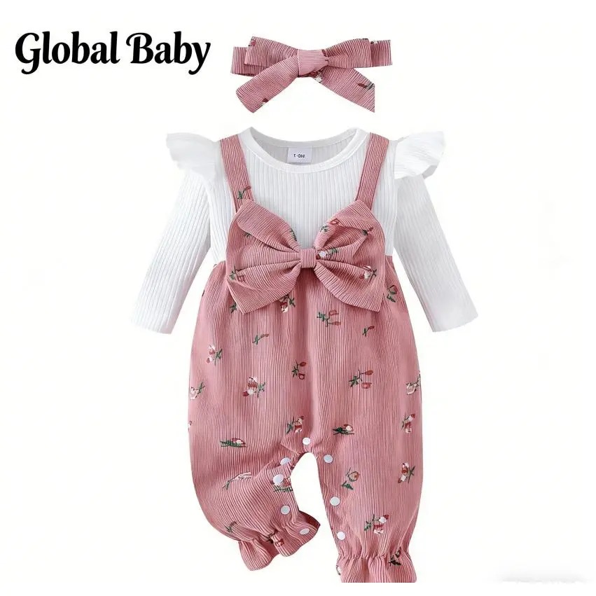 Global Baby Style Baby and Toddler Flutter Sleeve Ribbed Top Printed Overalls Headband Three-Piece Set Baby Girls Long Sleeve Romper Floral Print Fake Two Pieces Patchwork Bow Jumpsuits