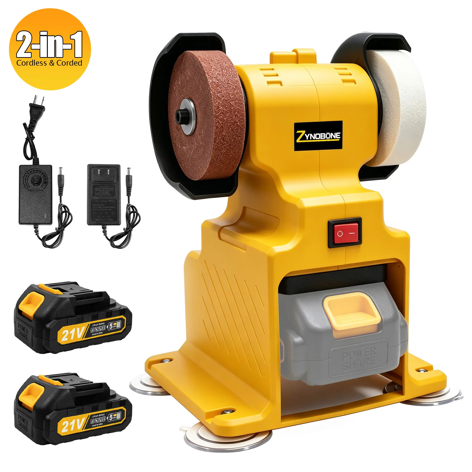 ZYNOBONE Cordless-Corded Mini Bench Grinder Tools, 21V Dual Power, Suction Base, 2.76" Wheel, 7000RPM Variable Speed, for Sharpening & Deburring