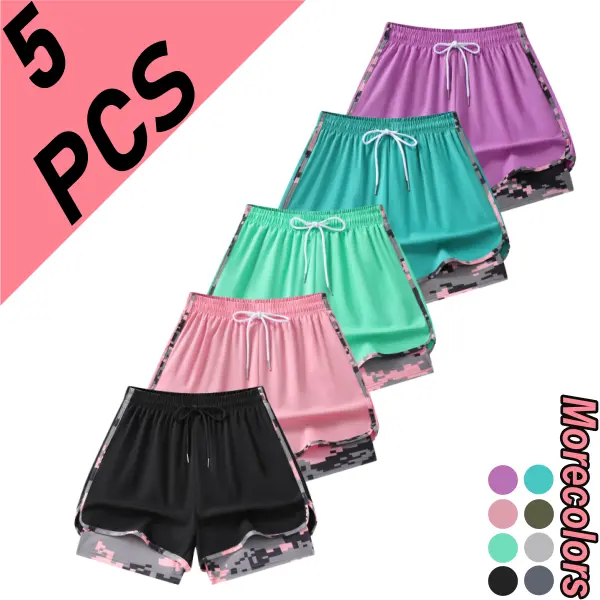 Summer unisex faux two-piece double-layer athletic shorts, 5-pack; quick-drying, breathable, anti-exposure design; camouflage piping and curved hem; versatile for fitness, running, yoga, and multiple wear occasions.