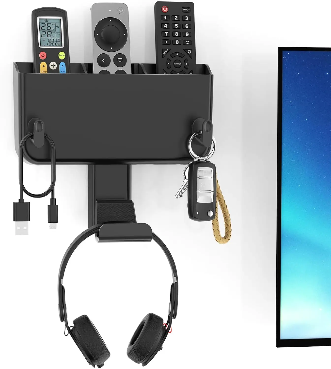 Kytok Adhesive Remote Control Holder Wall Mount with Headset Hanger, 3 in 1 Organizer Tv/Fan Remote Caddy with Hook for Headphone, No Drill Controller Storage Bracket, Bed Wall Rack Trend Me Shop