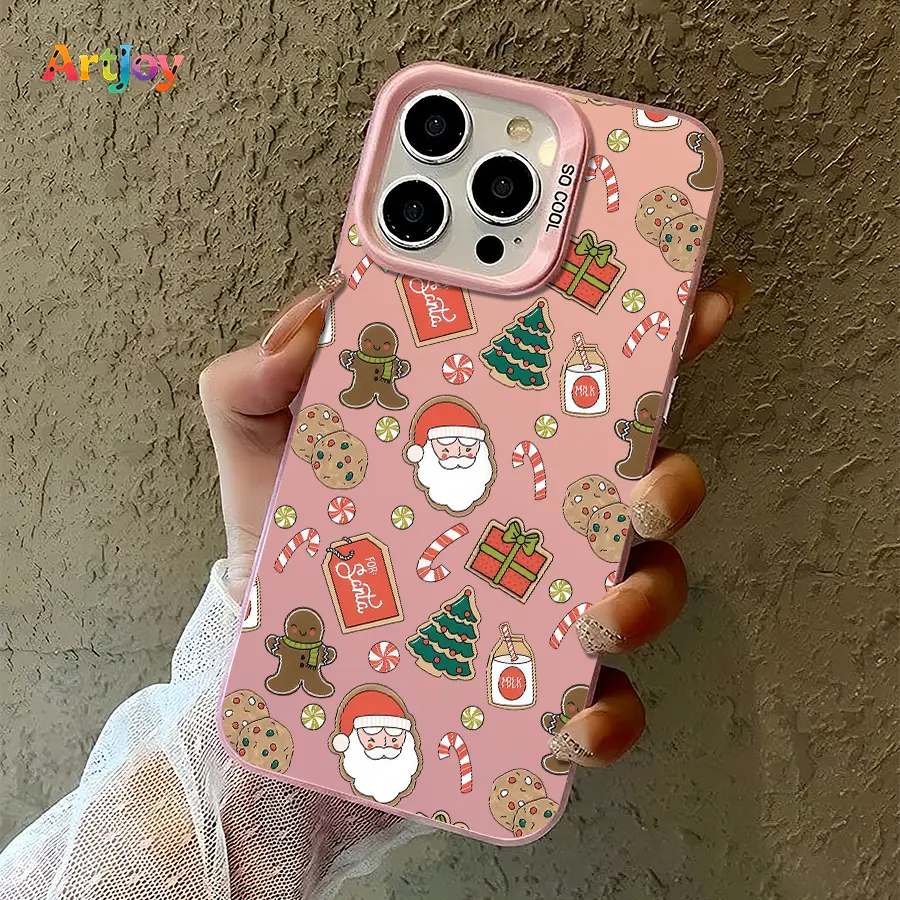 Shockproof TPU Phone Case Shell - Santa & Gingerbread Man Festive Print, Pink Frame Camera Module, Trendy Elegant Versatile Mobile Accessory, Compatible with Multiple iPhone Models (17 Pro Max,16,16 Plus,15,14,13,12), Holiday Gift
