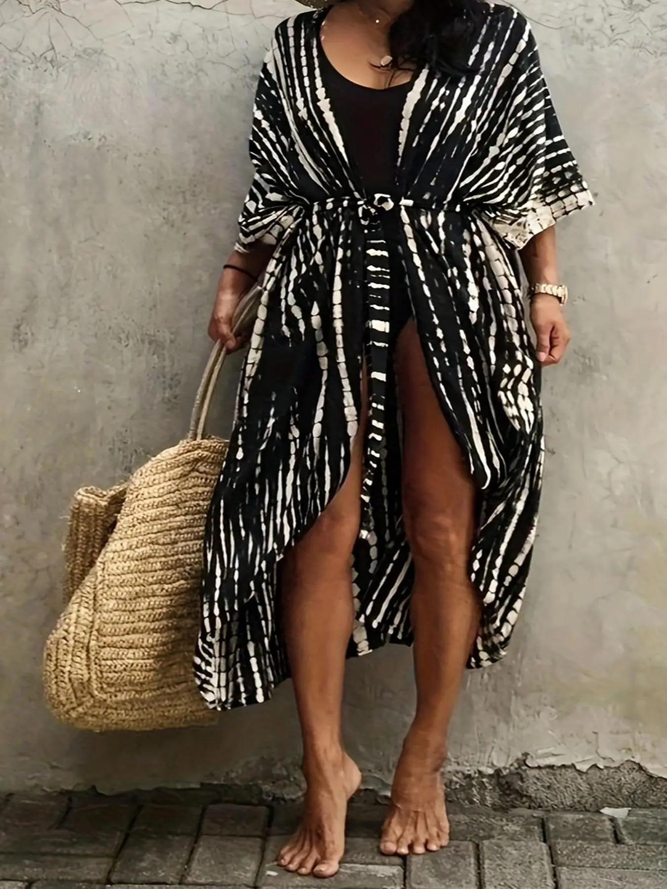 Plus Size Geometric All Over Print Belted Kimono, Casual Drop Shoulder 3/4 Length Sleeve Long Kimono For Summer, Women's Clothes For Beach Vacation Swimsuit Coverups