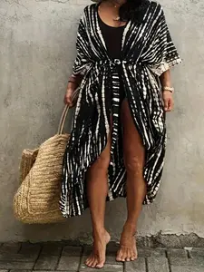 Plus Size Geometric All Over Print Belted Kimono, Casual Drop Shoulder 3/4 Length Sleeve Long Kimono For Summer, Women's Clothes For Beach Vacation Swimsuit Cover Up