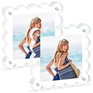 Acrylic Magnetic Picture Frames 4x4 2 Pack Clear Freestanding Photo Frame Double-Sided Scalloped Edges 10+10mm Thick Block for Modern Desktop Display & Perfect Gifts