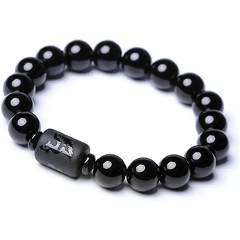 Natural Obsidian Stone Bead Bracelet Set - Cylindrical, Frosted Finish, Carved Dragon&Phoenix Motif, 10mm for Men, 8mm for Women, Couple Costume Jewelry, Carved Motif