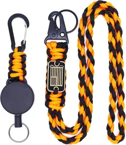 2 count Retractable , Heavy Duty Carabiner Badge Holder with Extendable ID Clip Reel,  Flag Paracord Lanyard, Steel  & Parachute Rope Necklace