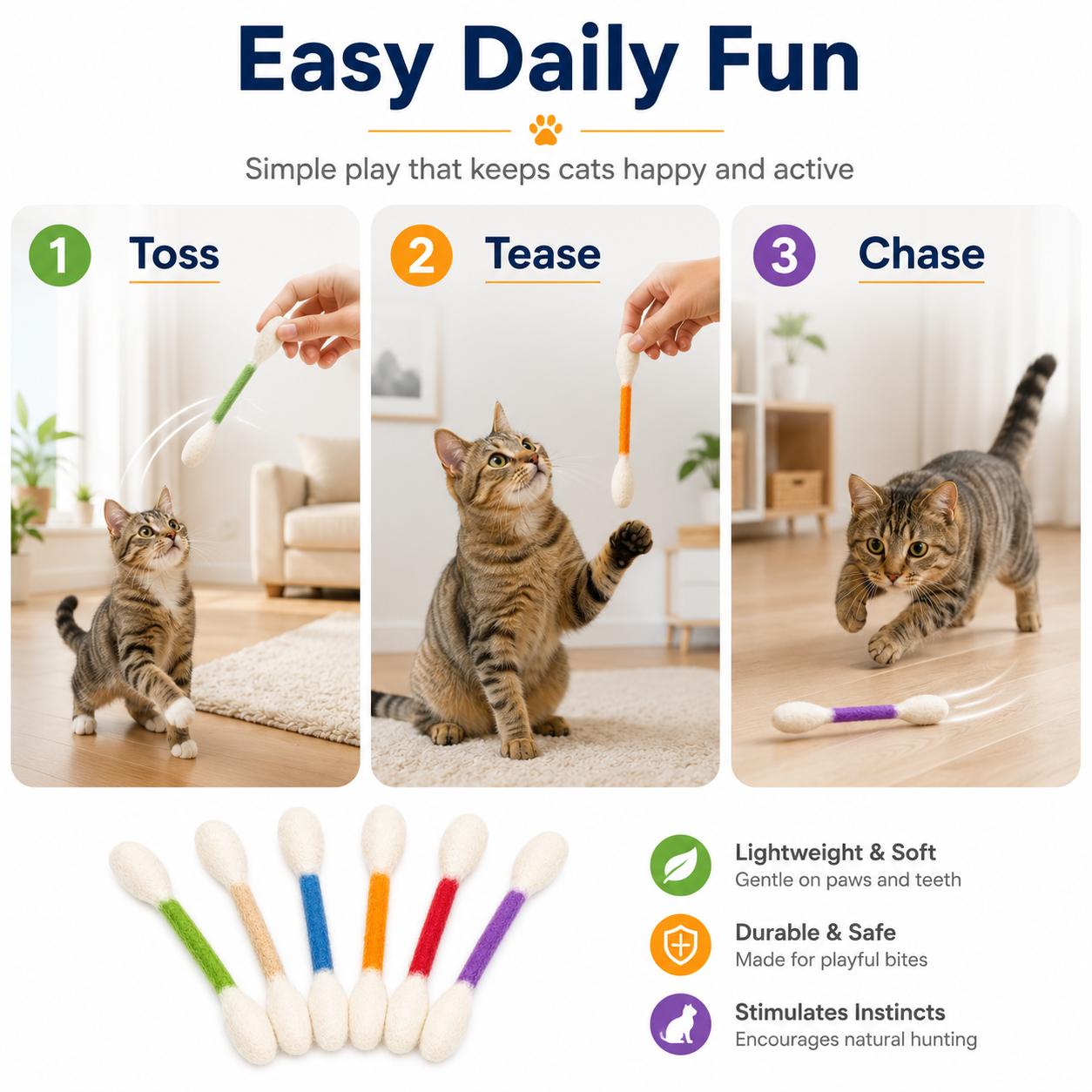 6-Pack Giant Q-Tip-Shaped Cat Toys, Soft Felt Cotton Swab Teething Sticks, Durable Interactive Play Indoor Use Pet Accessories for Kittens, Dental Cleaning, Anxiety & Boredom Relief Daily Entertainment Gifts
