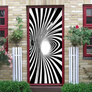 Stereoscopic Visual Vortex Door Sticker Black and White Striped Dynamic Art Wall Decal Self Adhesive Removable Living Room BedroomWall Decor Modern Minimalist Abstract Style Home Wall Creative Sticker W