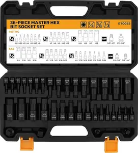 36-Piece One-Piece Hex Bit Socket Set includes Socket Adapter, 1/4", 3/8", 1/2", Cr-V Steel, SAE and Metric Set, Reinforced Storage Case, Automotive Mechanic Professional Master Tool Set toolbox  sets