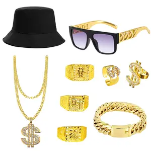 Men Rapper Hip Hop Costume Accessories 80s 90s Outfits Halloween Costume Fake Gold Chain Sunglass Hat Set