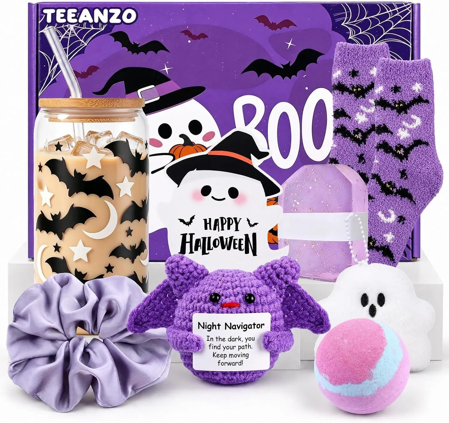 Boo Basket Stuffers for Women 8 Pcs Halloween Spooky Gifts Boo Basket for Women Teens Girls Her Sister Friend Audlts with Halloween Glass Cup