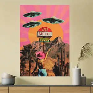 1 Piece UFO Motel 80s Cowgirl Collage Art Print - Retro Pink Surreal Western Desert Wall Art, Vintage American UFO and Cowgirl Canvas Poster, Sublimated Prints, Suitable for home decor, Space Theme Design - No Frame Needed, Space Room Decoration