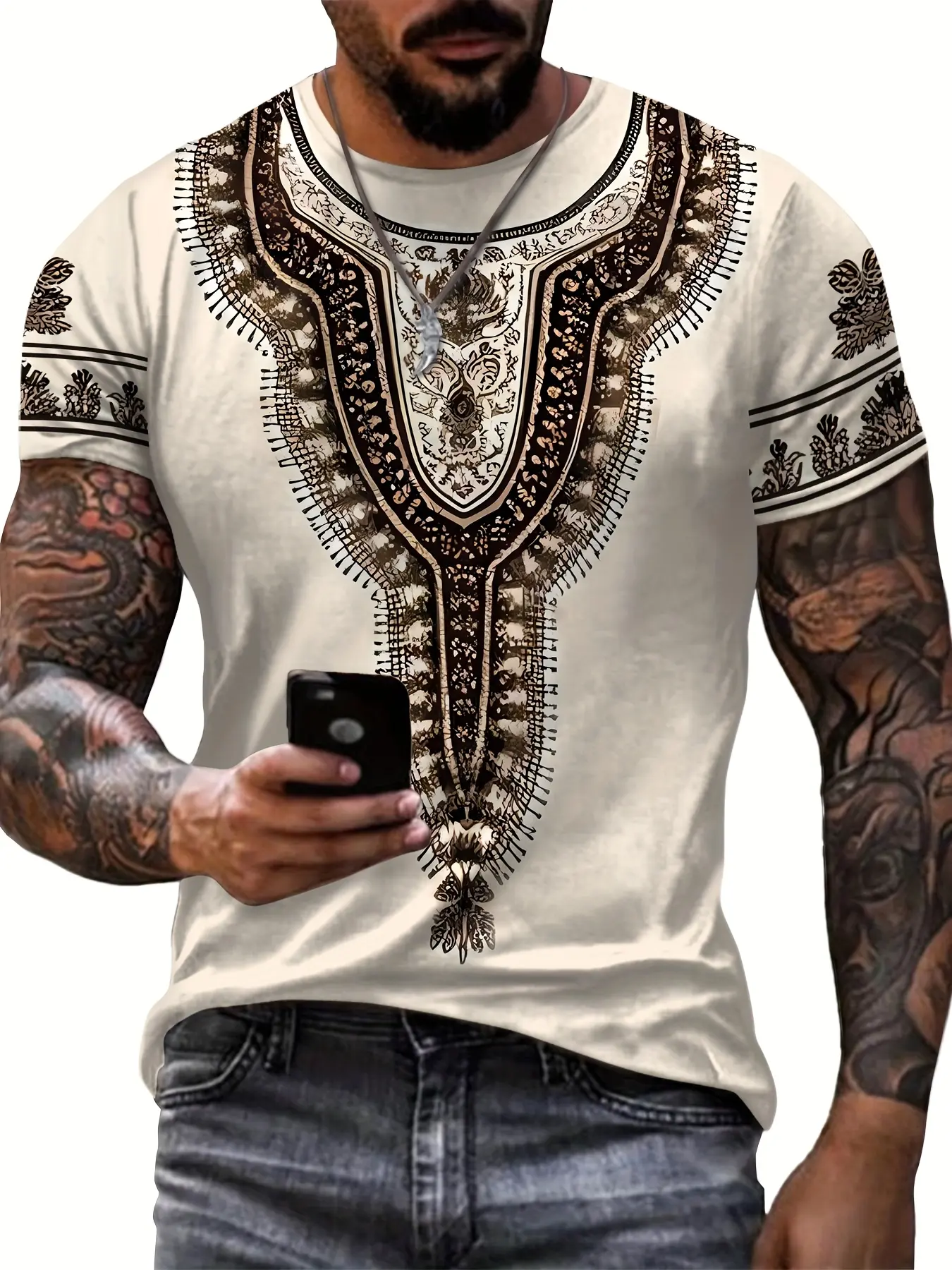 Men's Casual Trendy 3D Ethnic Style Printed Fitted Crew Neck Short Sleeve T-Shirt, Comfortable and Versatile Men's Top, Streetwear, Suitable for Outdoor Wear
