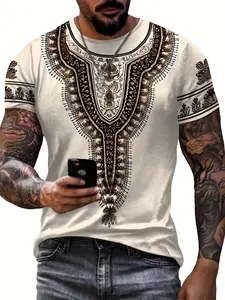 Men's Casual Trendy 3D Ethnic Style Printed Fitted Crew Neck Short Sleeve T-Shirt, Comfortable and Versatile Men's Top, Streetwear, Suitable for Outdoor Wear