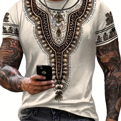 Men's Casual Trendy 3D Ethnic Style Printed Crew Neck Short Sleeve T-Shirt, Comfortable and Versatile Men's Top, Streetwear, Suitable for Outdoor Wear