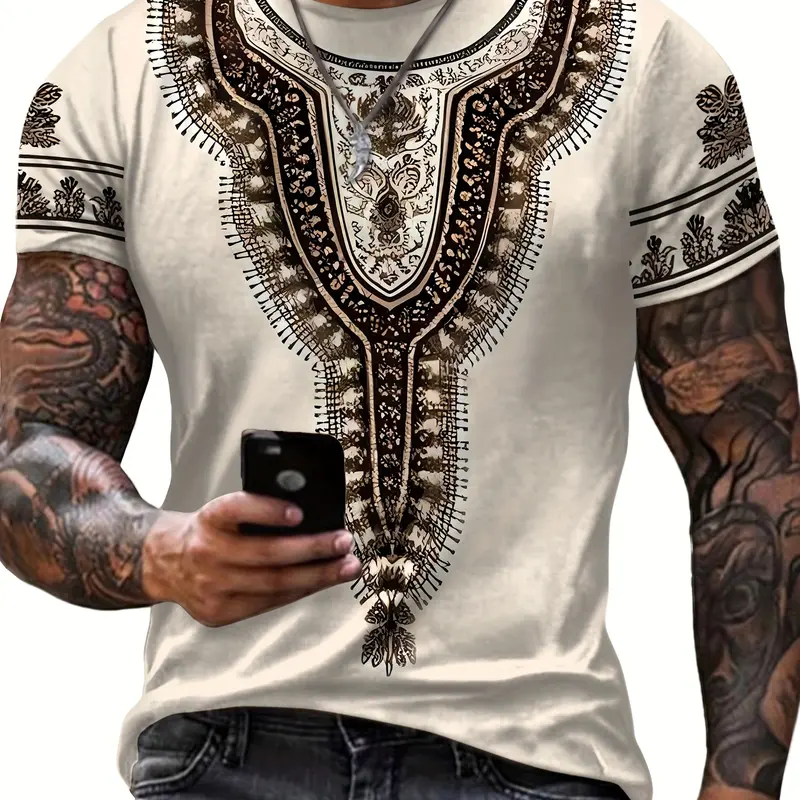 Men's Casual Trendy 3D Ethnic Style Printed Crew Neck Short Sleeve T-Shirt, Comfortable and Versatile Men's Top, Streetwear, Suitable for Outdoor Wear