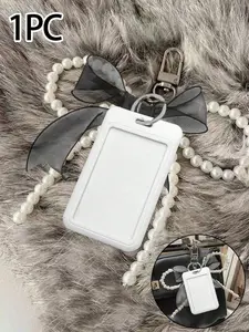 Unisex Pearl Bow Acrylic Card Holder, Fashionable Mesh Keychain with Card Case, Sliding Cover, Dual Slots, Perfect Gift