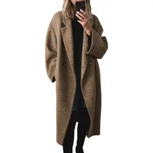 Women's Winter Double Breasted faux wool Coat Long Sleeve Lapel Long Trench Coat Womenswear Check