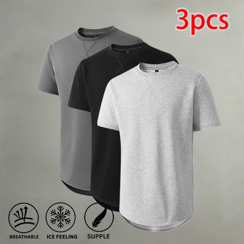 Men's 3-Piece Basic Street Tshirt Set - Cool, Breathable Short-Sleeve Solid Plain Tops with Reinforced Neck, Curved Hem, for Home, Outdoor Activities