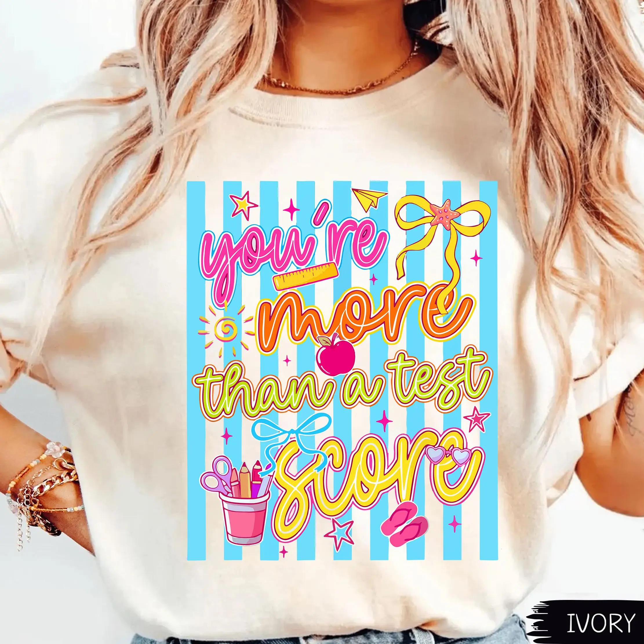 Comfort Colors Stripes You're More Than A Test Score Teacher Testing Day Shirt, Retro Last Day Of School Teacher Summer Test Day Coordinator Graphic Tee