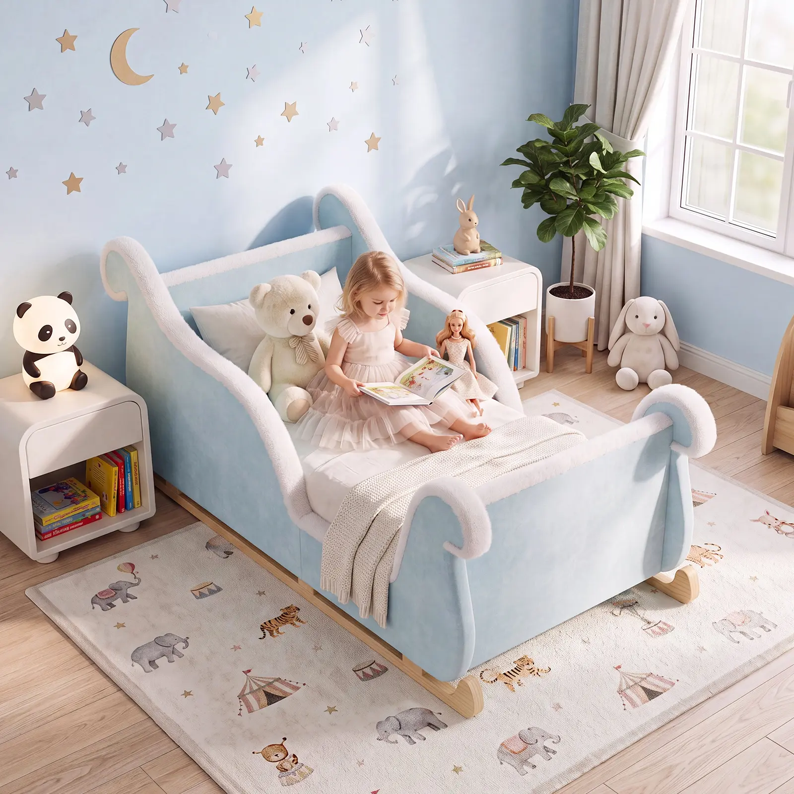 Lilypelle Teddy Fabric Upholstered Sleigh Toddler Bed Frame - Soft Kids Bed with Sleek Curve Headboard, Footboard, Low Floor Design, Safety Rails, Standard Crib Mattress Fit, Single-User Nursery Furniture