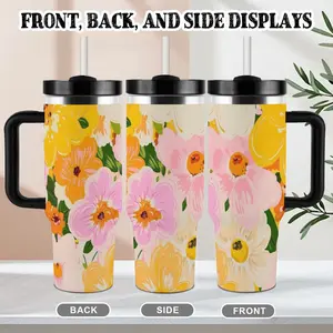 40oz Yellow Pink Floral Lemon Tumbler Stainless Steel Vacuum Insulated Travel Mug with Handle and Straw Leakproof Car Cup for Hot Cold Drinks