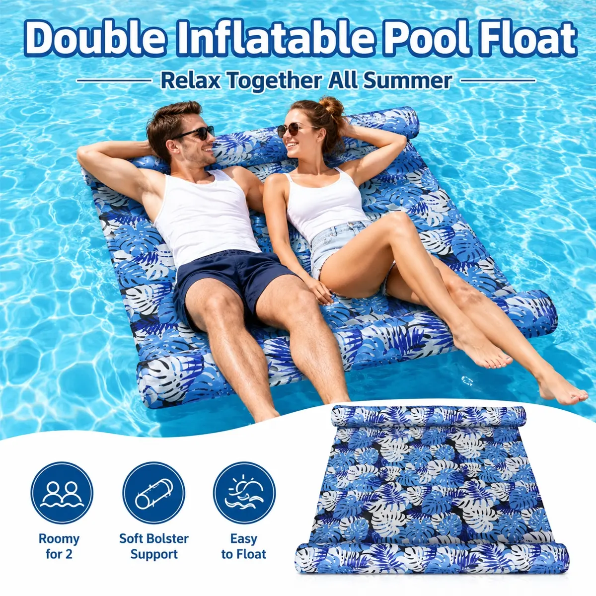 2-Person Inflatable Pool Floating Bed, Blue Tropical Leaf Water Hammock Style Lounge Raft with Raised Pillow Edges & Wide Center, Foldable Pool Float for Adults, Pool Lounger Float, Lake Beach Pool Party Sunbathing Summer Relaxation, Pool Float Pad
