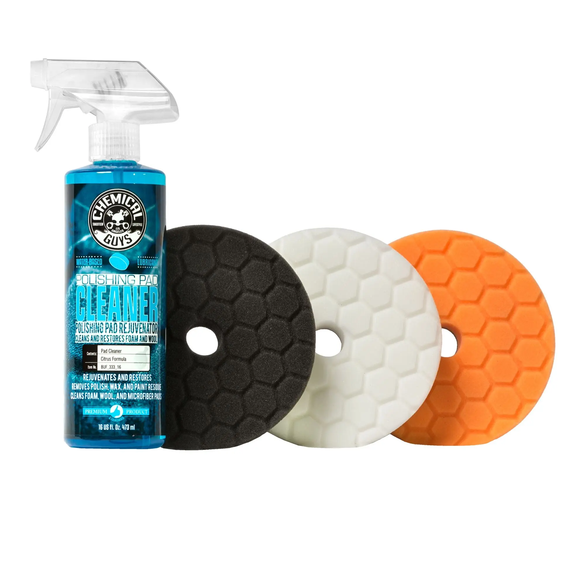 CHEMICAL GUYS Hex-Logic 5.5" Buffing Pad Sampler Kit - 3 Essential Foam Pieces, DA/Rotary Ready, Cutting, Polishing, Finishing, Haze Reduction, Paint Correction, Swirl Removal, Hex Increases Surface Contact, Includes Pad Cleaner, Car Detailing Tool