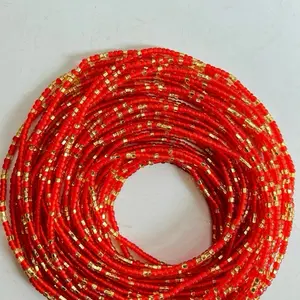 Red & Gold Waist Beads| Designer Belly Chain| Beaded Waist Jewelry| Tie-On (45 inches)