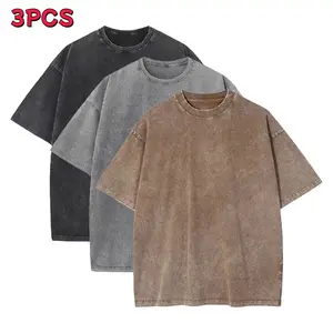 3-piece men's T-shirt set, vintage heavyweight cotton fitness sports loose T-shirt, tie-dye washed vintage loose round neck short sleeve T-shirt, unisex simple stylish trendy brand cotton top, soft and comfortable fabric, suitable for everyday wear