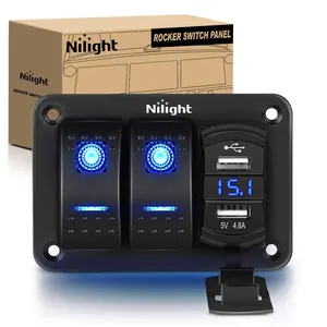 Nilight - 90116C 2 Gang Rocker Switch Panel with 4.8 Amp Dual USB Charger Voltmeter Night Glow Stickers Waterproof 12V-24V DC for CarsTrucks Boats RVs,Blue