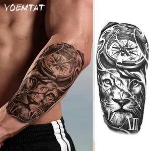 Waterproof Temporary Tattoo Sticker Dark Style Lion Leopard Clock Compass Black Line Pattern Body Art Arm Fake Tattoos Sleeve For Women Men Waist Abdomen Shoulders Legs