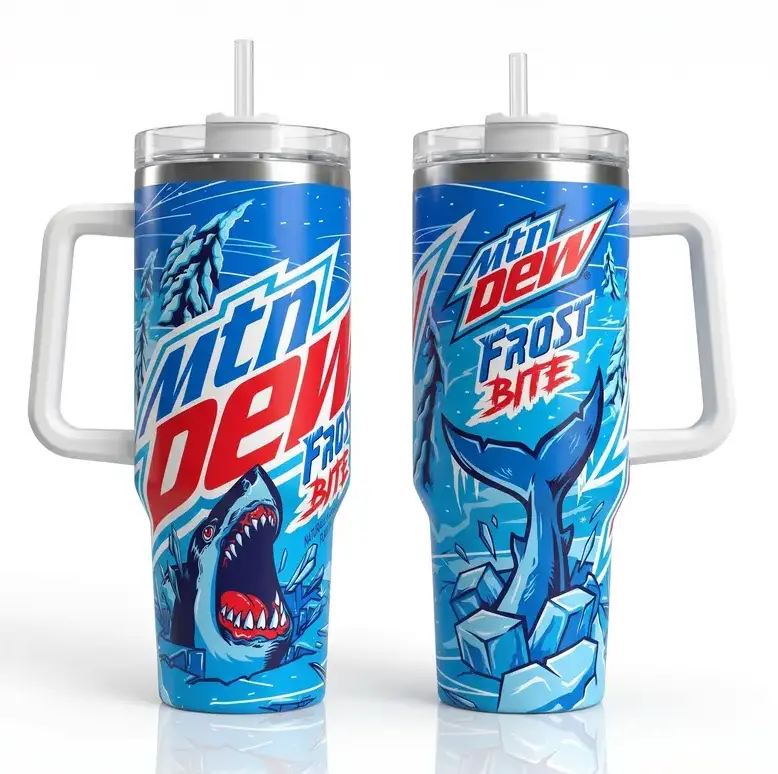 [Gift Box & Straw] 40oz Mtn Dew Frost Bite Stainless Steel Tumbler with Handle, Retro Blue Shark Double Wall Vacuum Insulated Travel Mug, Fits Car Cup Holder, Soda Fan Collector Gift