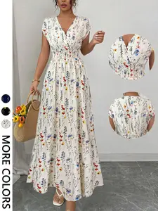 Women's Floral Long Dress, Beach Vacation Style, Casual Chic, Elastic Waist V-Neck Flowy Halter Dress, Elegant Summer, Perfect for Relaxing Days
