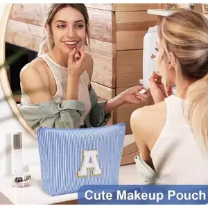 2Pcs Embroidered Letter Cosmetic Bag, Aesthetic Daily Beauty Pouch, Spacious Storage Travel Toiletry Organizer, Portable Travel Essential Storage Bag