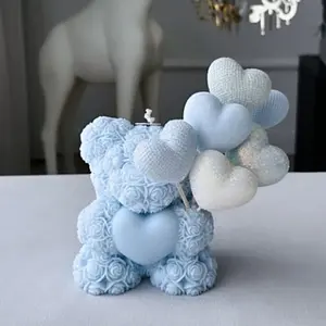 Rose Bear Heart Candle Silicone Mold Set, 3D Teddy Bear Silicone Heart Shaped Soap Resin Gypsum Mould, Soap Making Supplies, DIY Dinner Decoration Wedding Gift