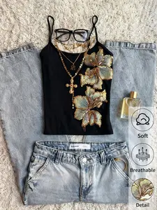 Retro floral sequin print camisole top, Y2K slim fit camisole, adjustable straps, soft and breathable summer streetwear, grunge style, Graphic cropped top for women, casual, home gatherings, multiple colors, TikTok shop holiday selection