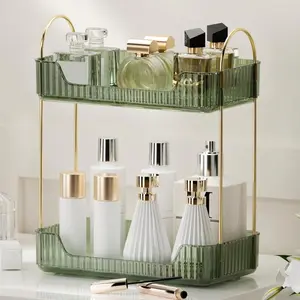 Bathroom Organizer Countertop, Makeup Storage, Skincare Cosmetic Tray Shelf, Perfume Holder Rack for Vanity Counter, Large Capacity, Easy to Install, Clean, 2 Tiers, Vintage Green