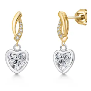 925 Silver and 10K Yellow Gold Lab Grown Diamond Dangle Earrings for Women | 1.53 Cttw | Gemstone April Birthstone | Heart Shape 6MM