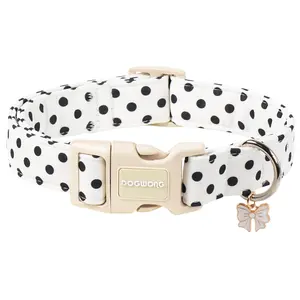 Spring Summer White Polka Dot Wedding Dog Collar for Girl Dogs, Adjustable Soft Beach Collar for Small Medium Dogs XS